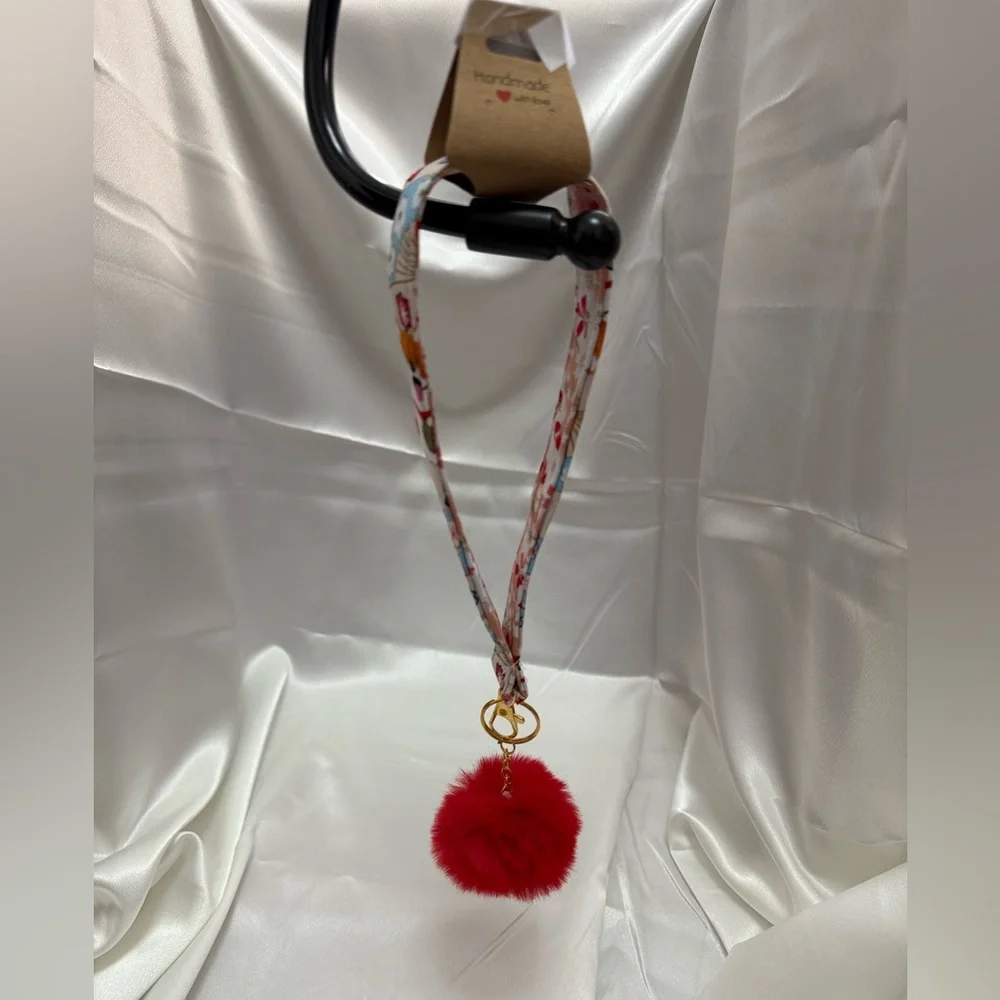 Handmade Shiba Inu and Cherry Blossom Floral Wristlet Keychain with Red Pompom